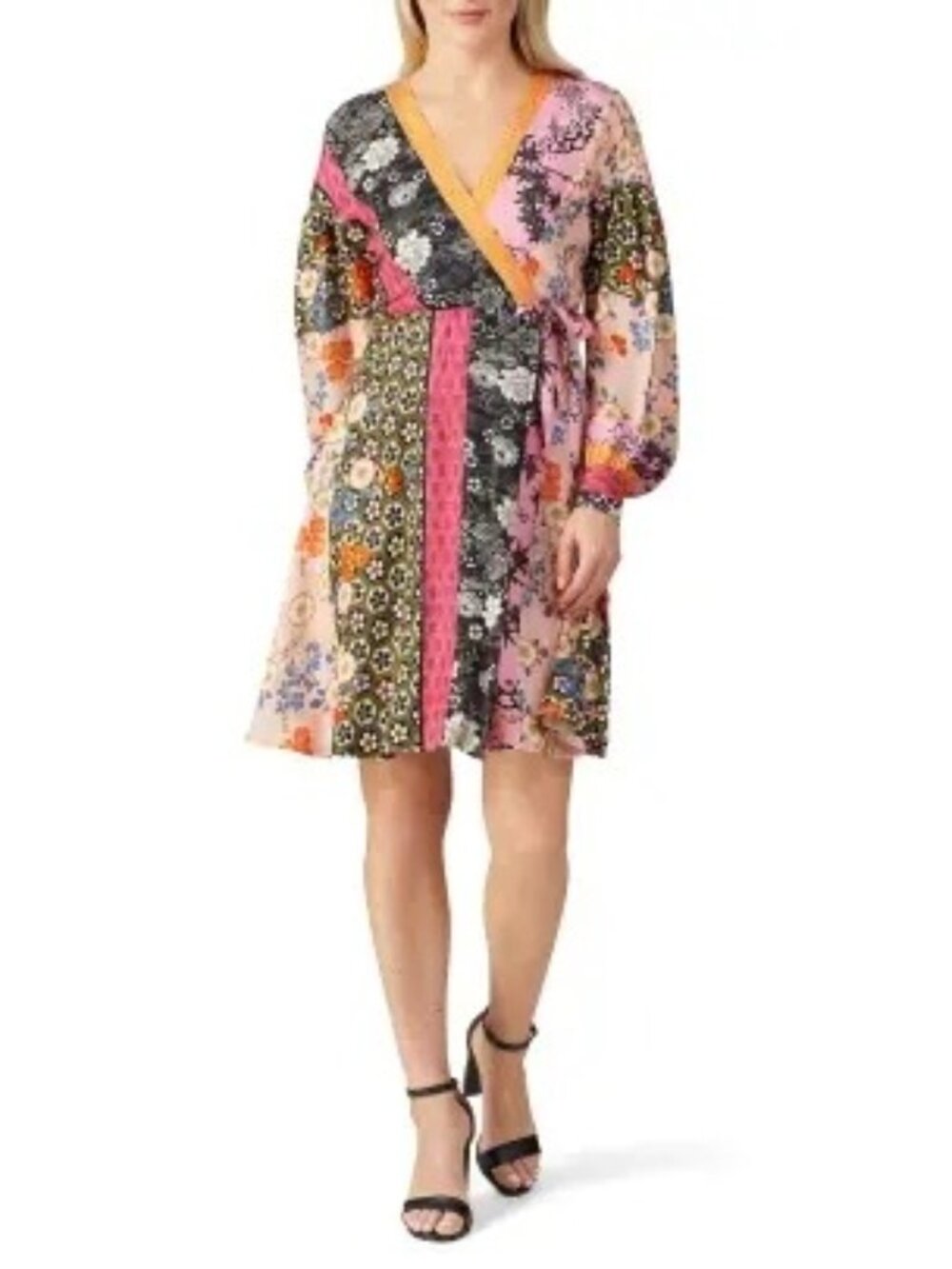 Pinko Multicolor Floral Patchwork Wrap Dress with Tie Waist